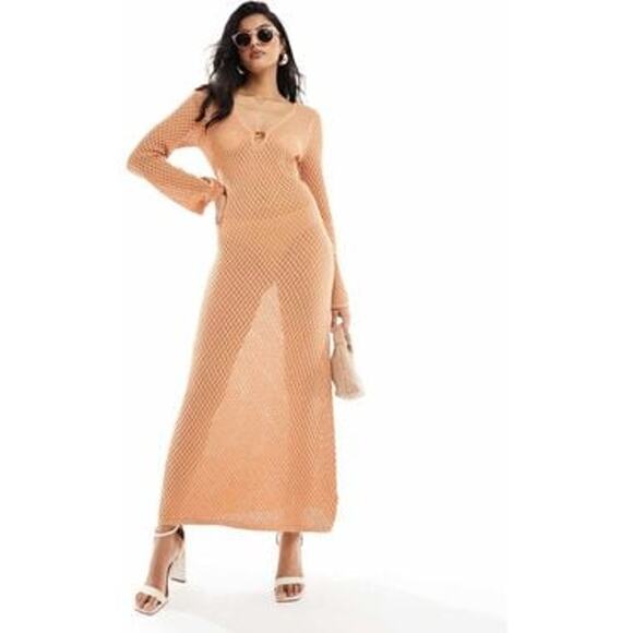NWT Pretty Lavish Croisette Knit Beaded Midaxi Dress In Apricot Size Small - Picture 1 of 13